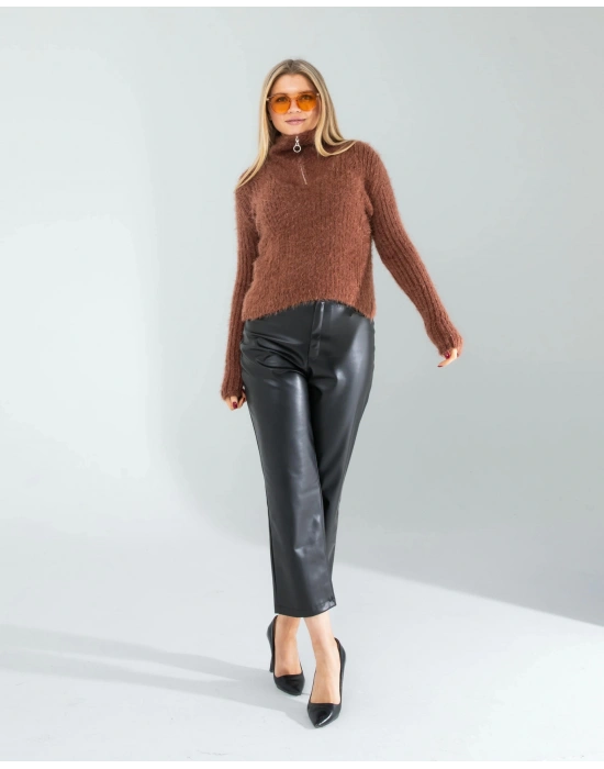 Kahve Fermuarlı Sakal Triko