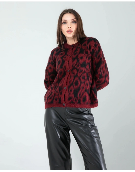 Kırmızı Leopar Desen Sakal Triko Hırka