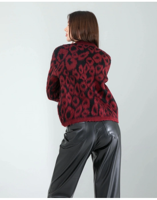 Kırmızı Leopar Desen Sakal Triko Hırka