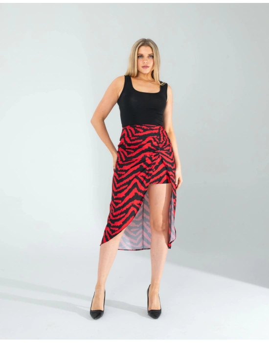 Kırmızı Zebra Desen Yandan Büzgülü Etek