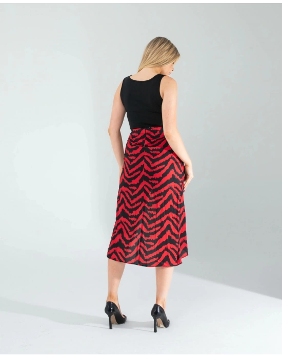 Kırmızı Zebra Desen Yandan Büzgülü Etek