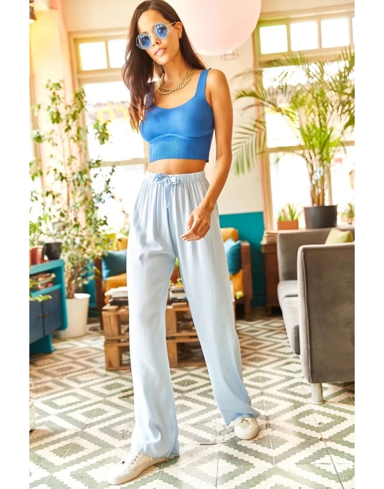 Kuşaklı Açık Mavi Dokuma Viscon Palazzo Pantolon