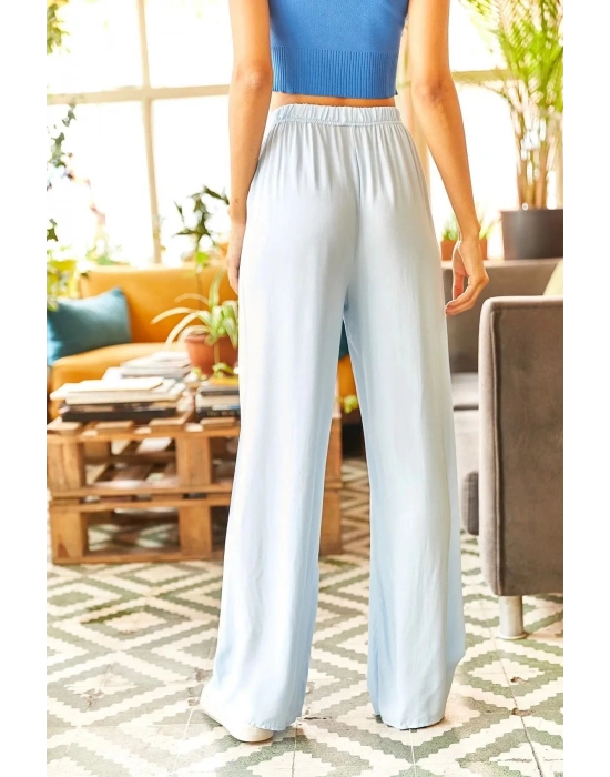 Kuşaklı Açık Mavi Dokuma Viscon Palazzo Pantolon
