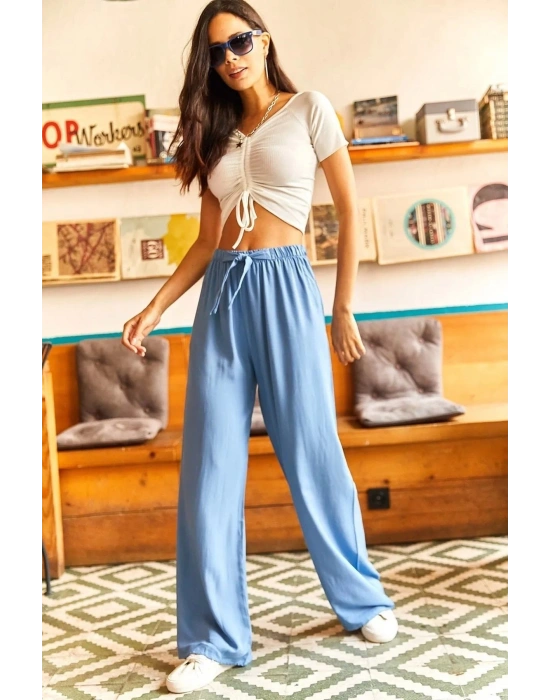 Kuşaklı Bebe Mavi Dokuma Viscon Palazzo Pantolon