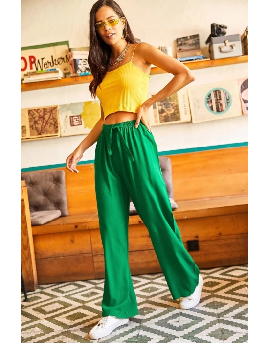 Kuşaklı Yeşil Dokuma Viscon Palazzo Pantolon