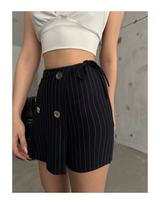 Lacivert Düğme Detaylı İtalyan Çizgili Şort Etek