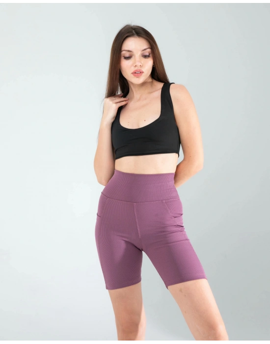 Lila Fitilli Push Up Toparlayıcı Biker Spor Tayt