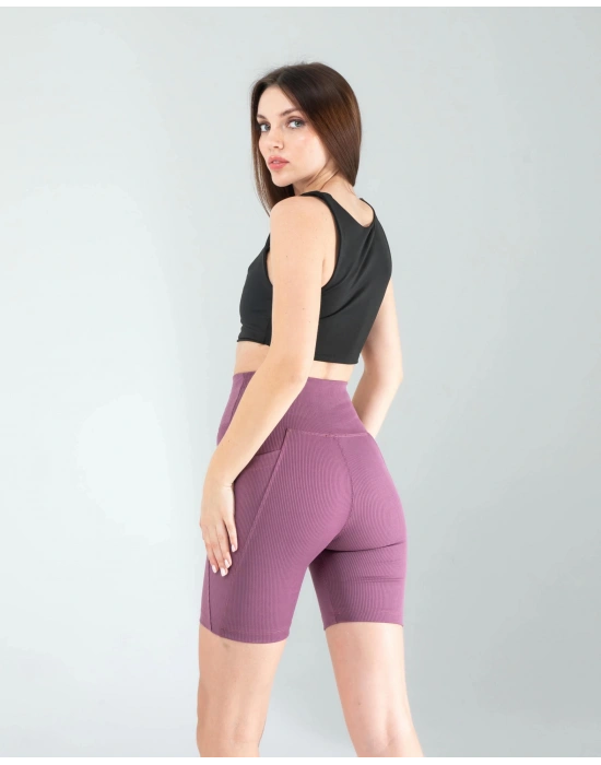 Lila Fitilli Push Up Toparlayıcı Biker Spor Tayt