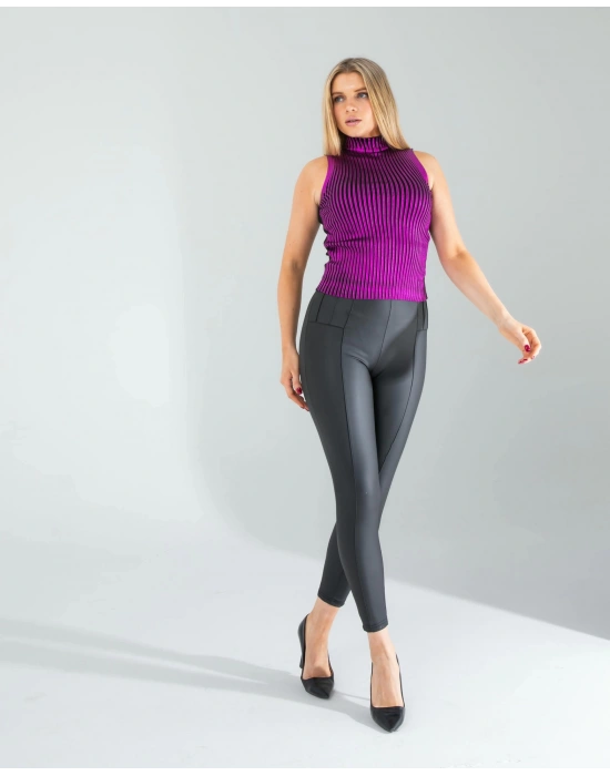 Mor Bisiklet Yaka Varaklı Triko