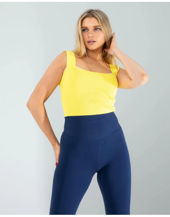 Sarı Kare Yaka Kalın Askı Triko Crop Bluz