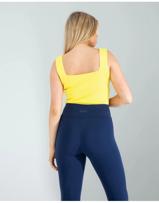 Sarı Kare Yaka Kalın Askı Triko Crop Bluz