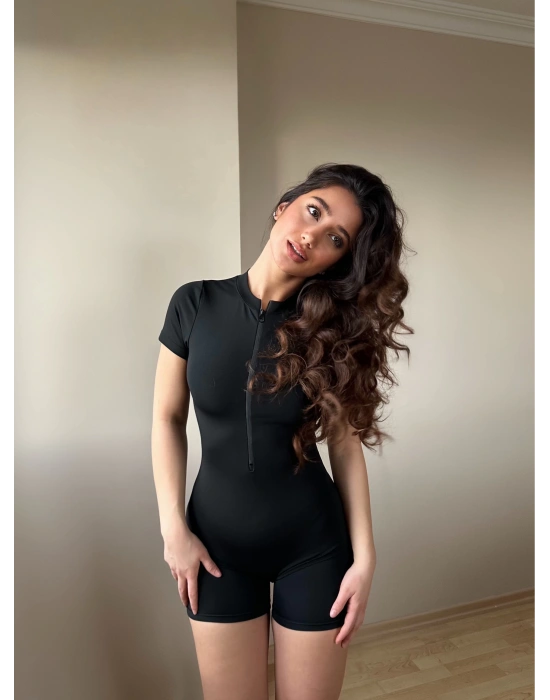 Siyah Fermuarlı Şort Tulum