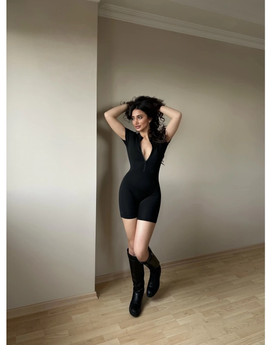 Siyah Fermuarlı Şort Tulum