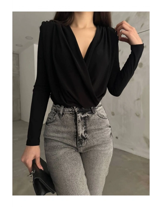 Siyah Kruvaze Yaka Vatkalı Bodysuit
