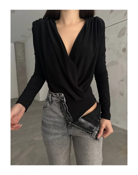 Siyah Kruvaze Yaka Vatkalı Bodysuit