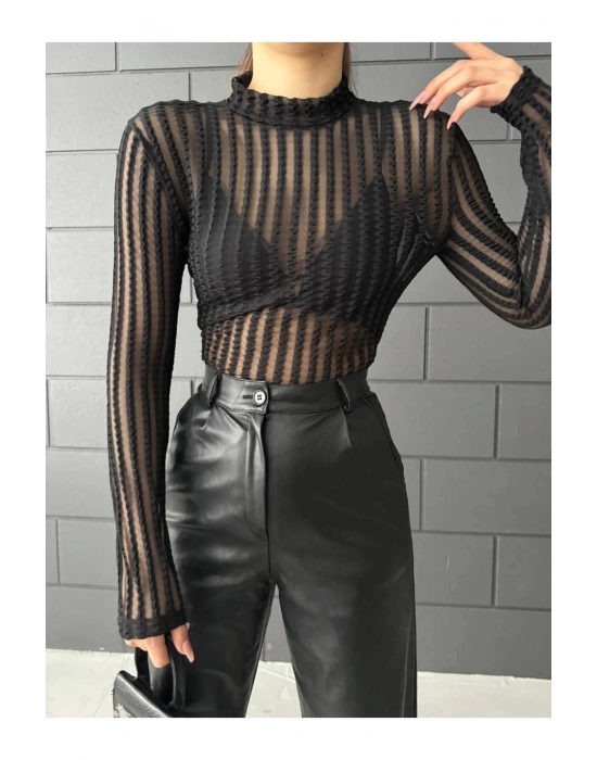 Siyah Tül Detay Transparan Bluz