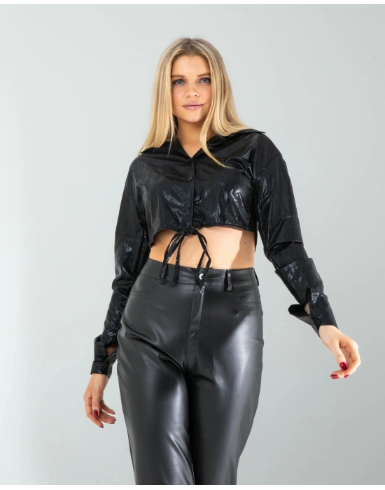 Siyah Yılan Varaklı Beli Bağcıklı Gömlek