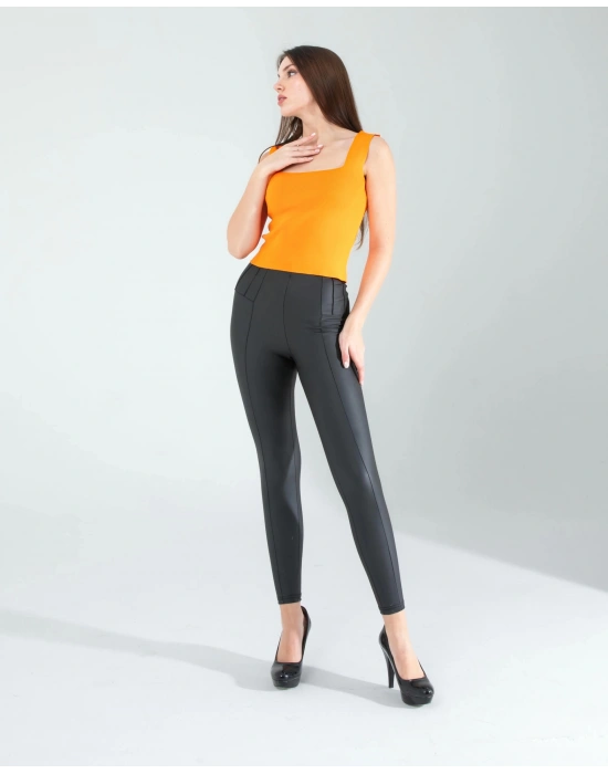 Turuncu Kare Yaka Kalın Askı Triko Crop Bluz