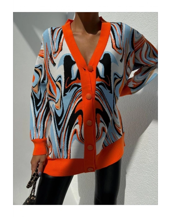 V Yaka Düğmeli Oversize Ebruli Desen Hırka