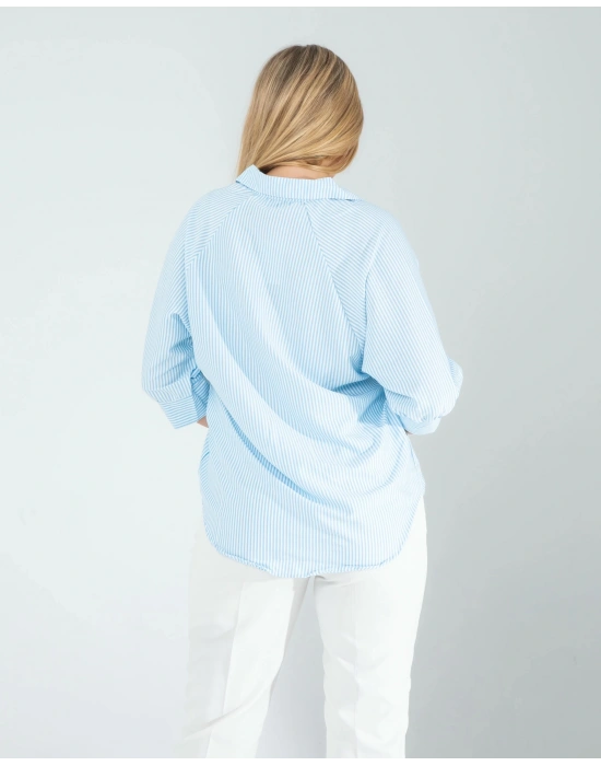 Yarım Düğme Mavi Çizgili Beyaz Gömlek
