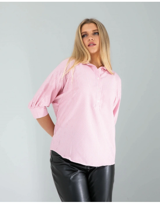Yarım Düğme Pembe Çizgili Beyaz Gömlek