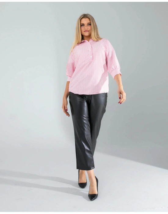 Yarım Düğme Pembe Çizgili Beyaz Gömlek