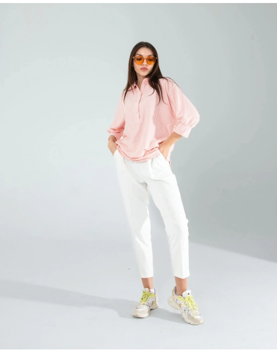 Yarım Düğme Turuncu Çizgili Beyaz Gömlek