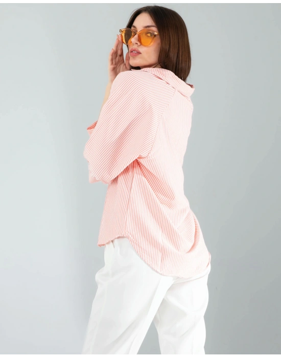 Yarım Düğme Turuncu Çizgili Beyaz Gömlek