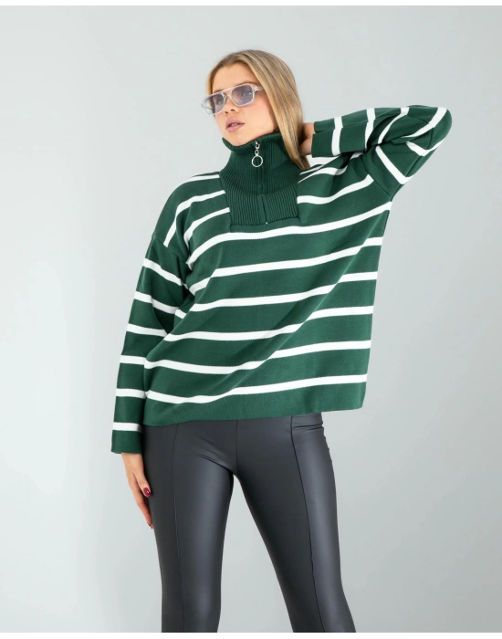 Yeşil Dik Yaka Çizgili Triko Kazak