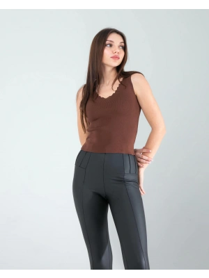 Acı Kahve Merdiven Yaka Kalın Askı Crop Bluz