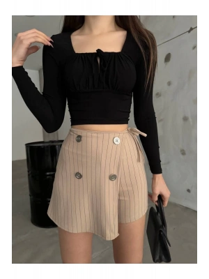 Bej Düğme Detaylı İtalyan Çizgili Şort Etek