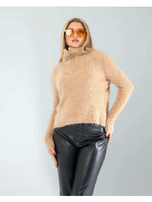 Camel Fermuarlı Sakal Triko