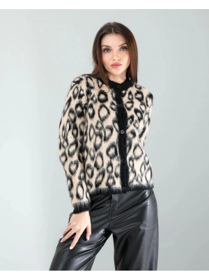 Camel Leopar Desen Sakal Triko Hırka