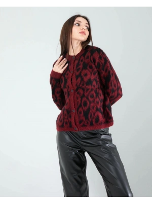 Kırmızı Leopar Desen Sakal Triko Hırka