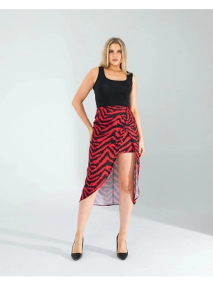 Kırmızı Zebra Desen Yandan Büzgülü Etek