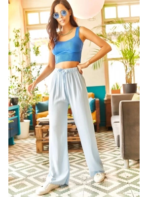 Kuşaklı Açık Mavi Dokuma Viscon Palazzo Pantolon