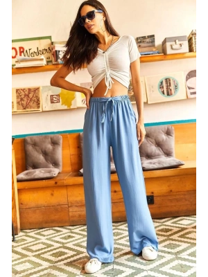 Kuşaklı Bebe Mavi Dokuma Viscon Palazzo Pantolon