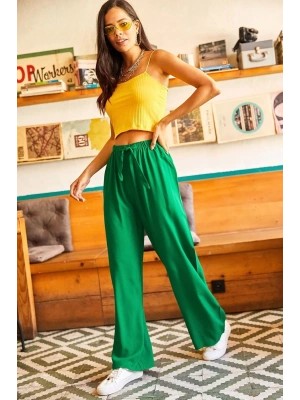 Kuşaklı Yeşil Dokuma Viscon Palazzo Pantolon