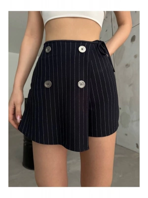 Lacivert Düğme Detaylı İtalyan Çizgili Şort Etek