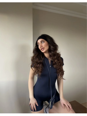 Lacivert Fermuarlı Şort Tulum