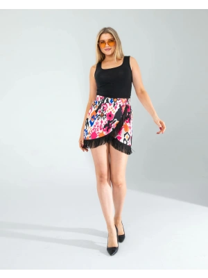Püskül Detaylı Çiçek Desenli Mini Etek