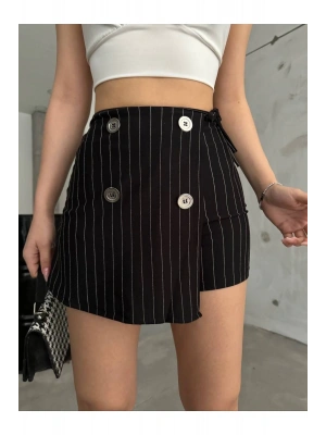 Siyah Düğme Detaylı İtalyan Çizgili Şort Etek