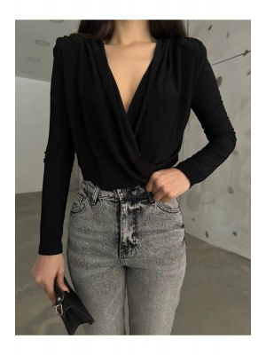 Siyah Kruvaze Yaka Vatkalı Bodysuit