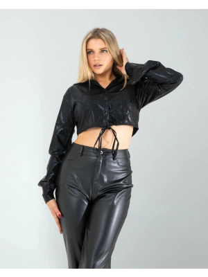 Siyah Yılan Varaklı Beli Bağcıklı Gömlek