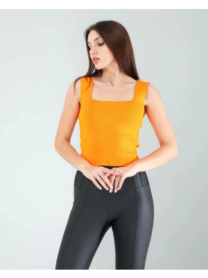 Turuncu Kare Yaka Kalın Askı Triko Crop Bluz