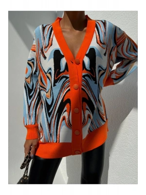 V Yaka Düğmeli Oversize Ebruli Desen Hırka