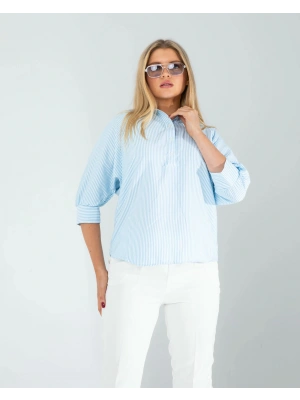 Yarım Düğme Mavi Çizgili Beyaz Gömlek