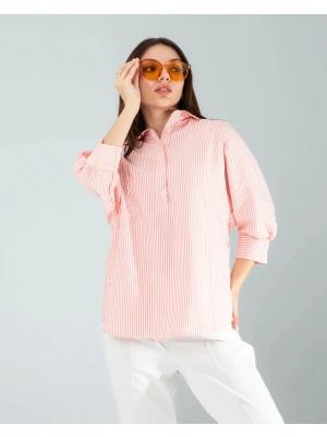 Yarım Düğme Turuncu Çizgili Beyaz Gömlek