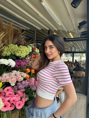 Fuşya Çizgili Manşet Detay T-Shirt