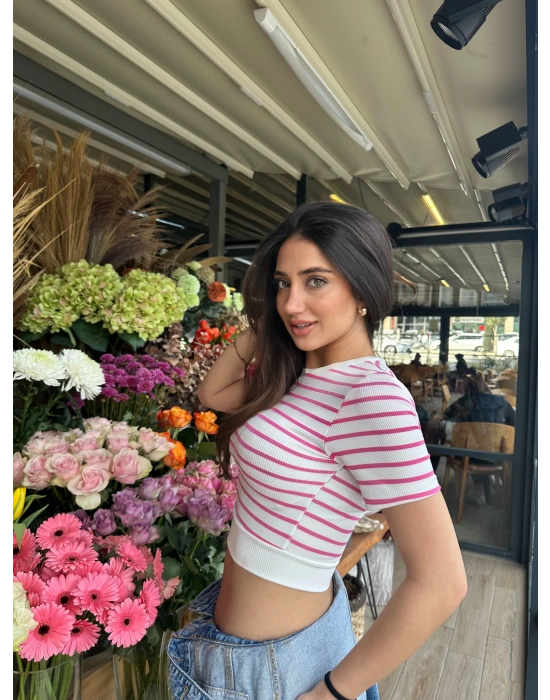 Fuşya Çizgili Manşet Detay T-Shirt